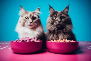 Two domestic cats are seated beside bowls of food, ready to eat. photo