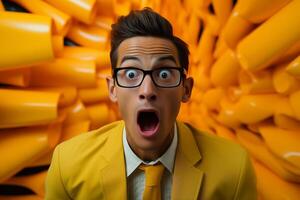 A man in a yellow suit and glasses with a shocked expression, eyes and mouth wide open. photo