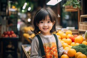 un pequeño niña es en pie en un supermercado en contra el antecedentes de un variedad de frutas y vegetales desplegado en un mercado pararse. foto