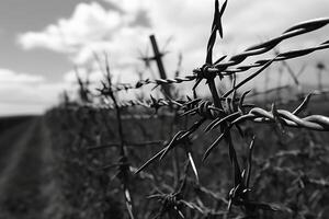 A black and white image showing a close-up of a barbed wire fence, with sharp spikes and twisted metal, symbolizing confinement and border. photo