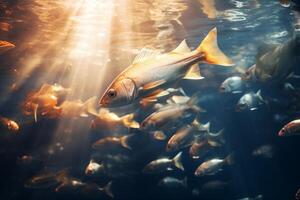 A large group of different types of fish swim together in a pond filled with colorful plants photo