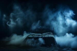 A bed sits in the center of a room engulfed in dense fog, creating an eerie and mysterious ambiance. photo