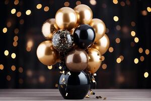 A cluster of black and gold balloons floating in the air, creating a festive and elegant atmosphere. photo