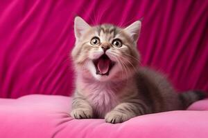 A surprised gray cat is depicted with its mouth open and its tongue sticking out. photo