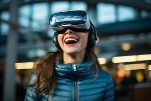 A woman enthusiastically immerses herself in virtual reality and augmented technology, wearing a headset and interacting with the digital world. photo