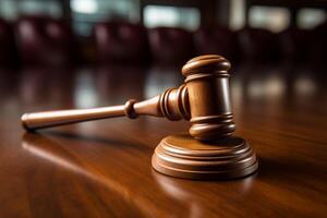 A wooden judges hammer rests on top of a wooden table, in a legal setting. photo