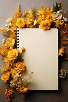 An open notebook lies on a surface, surrounded by various colorful flowers and leaves around it. photo