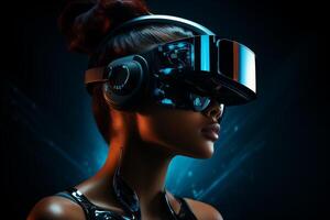 A woman immersed in virtual reality and augmented technology, wearing a headset and interacting with the digital world. photo