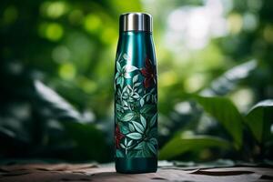 un inoxidable acero agua botella presentando un verde hoja diseño en sus exterior, exhibiendo un mezcla de funcionalidad y inspirado en la naturaleza estética. foto