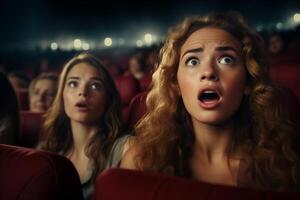 A woman with her mouth open in surprise at a movie theater, captured in a moment of shock or excitement. photo