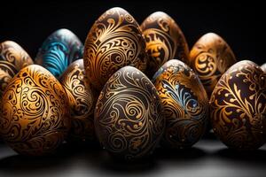 A group of colorful easter eggs sitting next to each other in a neat row. photo