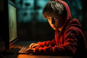 un joven chico vistiendo un rojo capucha es enfocado en utilizando un ordenador portátil computadora. foto