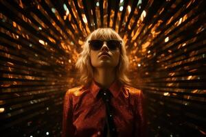A woman standing wearing stylish sunglasses and a shiny dress, exuding confidence and elegance. photo