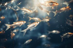 A cluster of fish swimming closely alongside each other in the ocean. photo