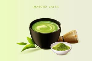 Japanese matcha latte set in 3d illustration, isolated on light green background vector