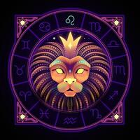 Leo zodiac sign represented by the lion head as the king of the celestial jungle. Neon horoscope symbol in circle with other astrology signs sets around. vector