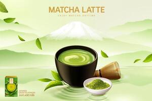 Japan matcha latte ad in 3d illustration, matcha cup set on Japanese mountain painting background vector