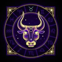 Taurus zodiac sign represented by the face of a bull. Neon horoscope symbol in circle with other astrology signs sets around. vector