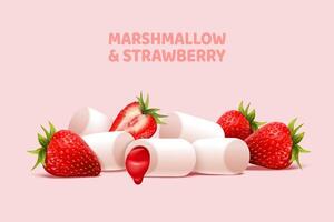 Strawberry and jam marshmallow in 3d illustration, isolated on pastel pink background vector