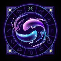 Pisces zodiac sign represented by two fish swimming in opposite directions. Neon horoscope symbol in circle with other astrology signs sets around. vector