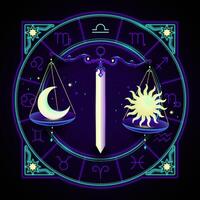Libra zodiac sign represented by a pair of sword balance scales to weigh moon and sun on each side. Neon horoscope symbol in circle with other astrology signs sets around. vector