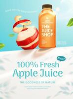 Fresh apple juice ad in 3d illustration, realistic juice bottle set on white wall with peeled apple vector