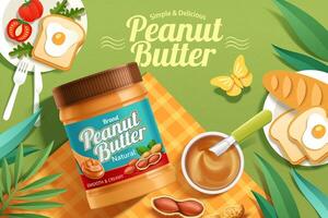 Peanut butter spread product on a picnic background in 3d illustration vector