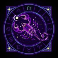 Scorpio zodiac sign represented by the scorpion. Neon horoscope symbol in circle with other astrology signs sets around. vector