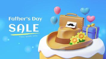 3D Father's day sales banner design. Illustration of dad's fedora hat on a cream cake with a briefcase and balloons behind on blue background. Concept of sending love and gift to dad vector