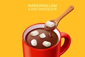 Hot chocolate with marshmallows in 3d illustration, isolated on mustard yellow background vector