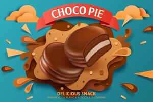 Choco pie ad template, realistic smooth cakes with paper cut chocolate cream in splashing shapes, 3d illustration vector