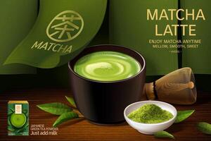 Japan matcha latte ad in 3d illustration, matcha cup set on Japanese wooden plate with green curtain on the back, Translation, tea vector