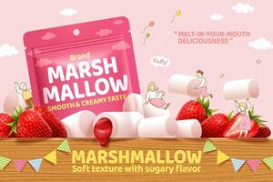 Strawberry marshmallow ad in 3d illustration, with cute hand drawn miniature people playing on the wooden table vector