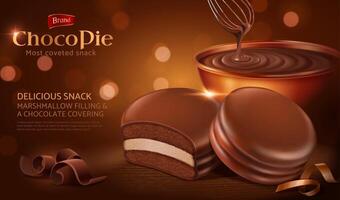 Choco pie ad template, realistic cake with a bowl of rich and smooth chocolate cream, 3d illustration vector