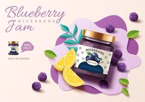 3d illustration of blueberry jam ad banner with blueberries, lemon and leaves on paper art background vector