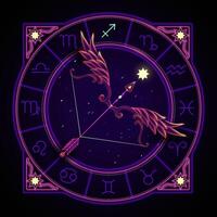 Sagittarius zodiac sign represented by a feather bow about to shoot an arrow. Neon horoscope symbol in circle with other astrology signs sets around. vector