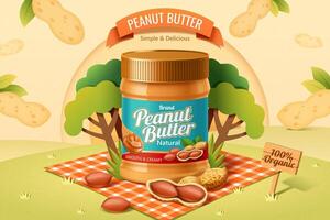 Peanut butter spread product on a picnic plaid in the park with peanut in shell in 3d illustration vector