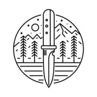 The mountain of the nature and adventure knives perfect combination art work mono line for print editable t shirt, badge, patch, and sticker vector