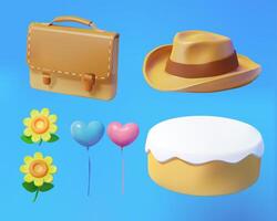 3D Father's day daddy elements. Illustration of dad's fedora hat, briefcase with festive decorations of cream cake, flowers, and balloons isolated on blue background vector