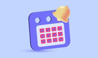 3d realista icono púrpura calendario cheque marca fecha campana diseño vector