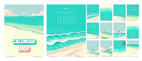 2025 table calendar week start on Sunday with beach that use for vertical digital and printable A4 A5 size vector