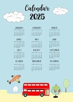 2025 table yearly calendar week start on Sunday with travel that use for vertical digital and printable A4 A5 size vector