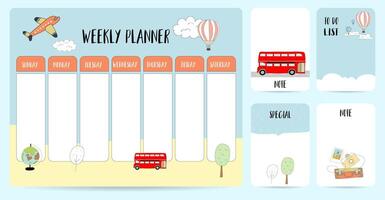 linda semanal planificador antecedentes con viajes, verano. ilustración para niño y bebé.editable elemento vector