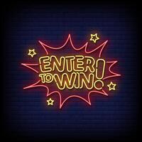 enter to win neon Sign on brick wall background vector