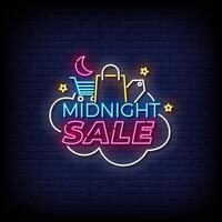 midnight sale neon Sign on brick wall background vector