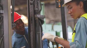 grupo trabajador fábrica africano y asiático hombres y mujer en pie con confianza y éxito. personas trabajando en lugar de trabajo de industrial pesado máquina fábrica. joven adulto en carrera de industria. video