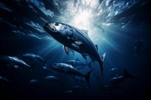 A large group of fish swim together in the vast expanse of the ocean, moving in unison through the clear blue water. photo