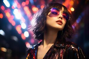 A woman standing wearing stylish sunglasses and a shiny dress, exuding confidence and elegance. photo