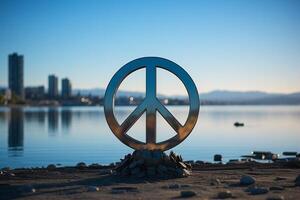 Made of shiny steel, the peace sign has an intricate design and colorful patterns. photo