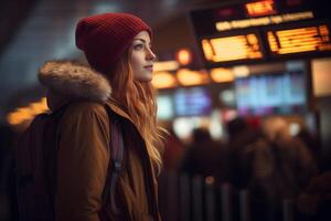 A woman carrying a backpack standing amid the bustling activity of an airport terminal. photo